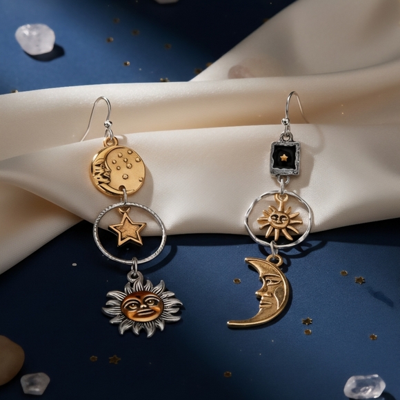 🆕️Boho Chic Sun Moon Star Asymmetrical Dangle Earrings | Celestial Vibes 🌞⭐ - Picture 8 of 8